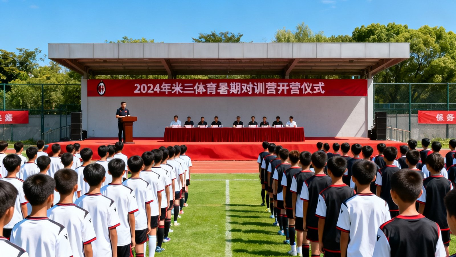 2025年米兰体育暑期集训营开营仪式现场，数百名身着统一训练服的青少年在户外草坪上列队，主席台上教练代表正在致辞，天空湛蓝阳光明媚